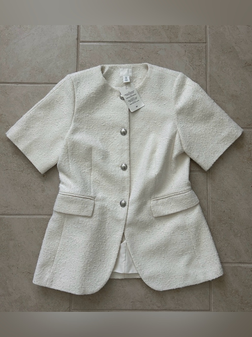 NWT H&M White Short-Sleeve Bouclé Textured Jacket